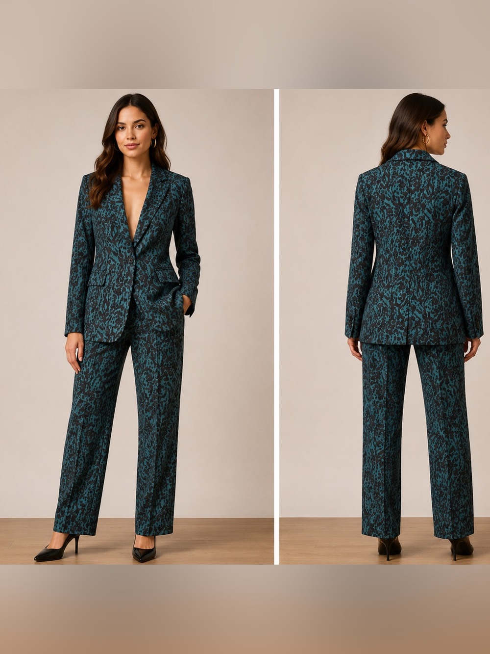 WE - Designer Printed Teal and Black Pant Suit Blazer Size 40 / Pants 38 - Picture 2 of 9
